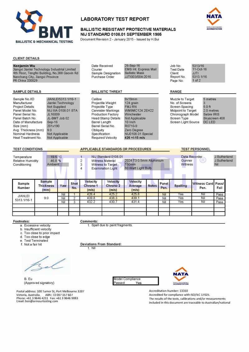 Ballistic Mask BMT NIJ IIIA 0108.01 Test Report 1